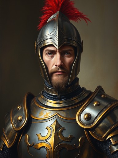 Medieval knight portrait in classical oil painting style with rich warm colors and dramatic chiaroscuro lighting
